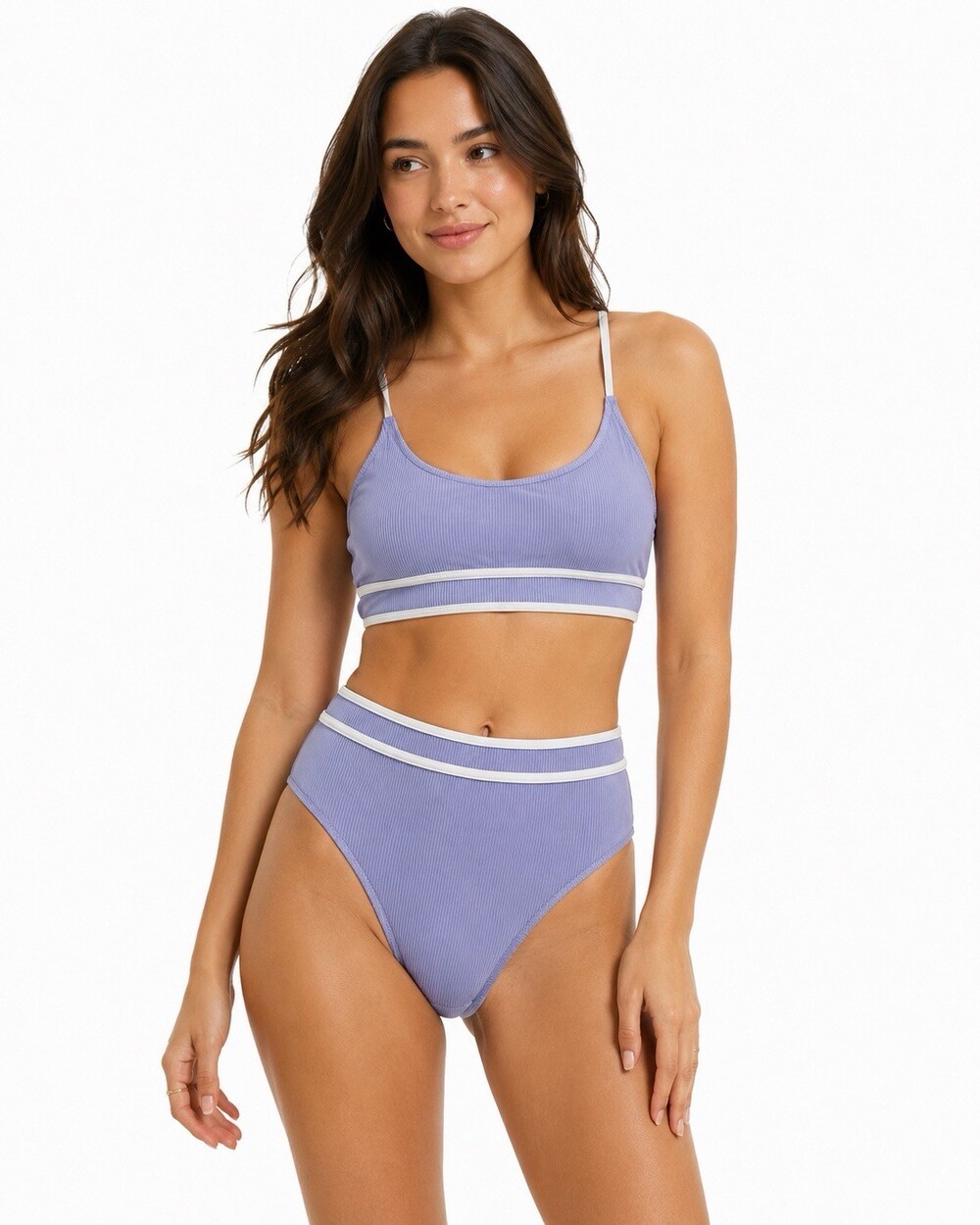 BMJL Women’s Ribbed High Waisted Bikini Set Lavender White Trim Size L NWT